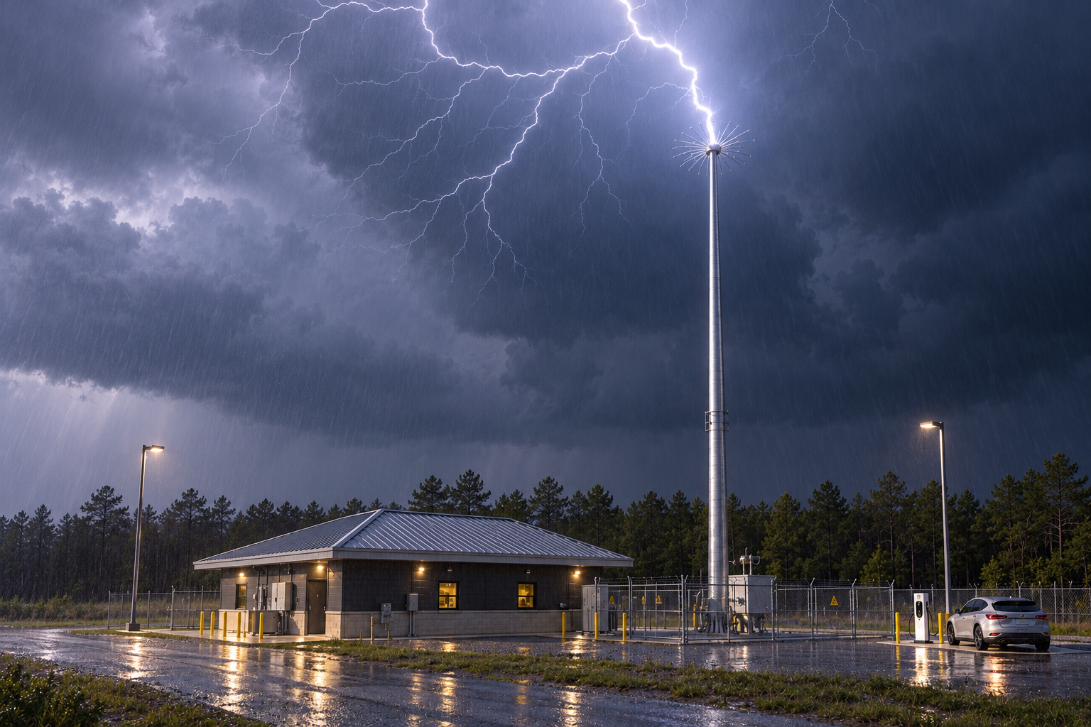 Lightning striking a BoltHarvest SkyLure Storm Tower