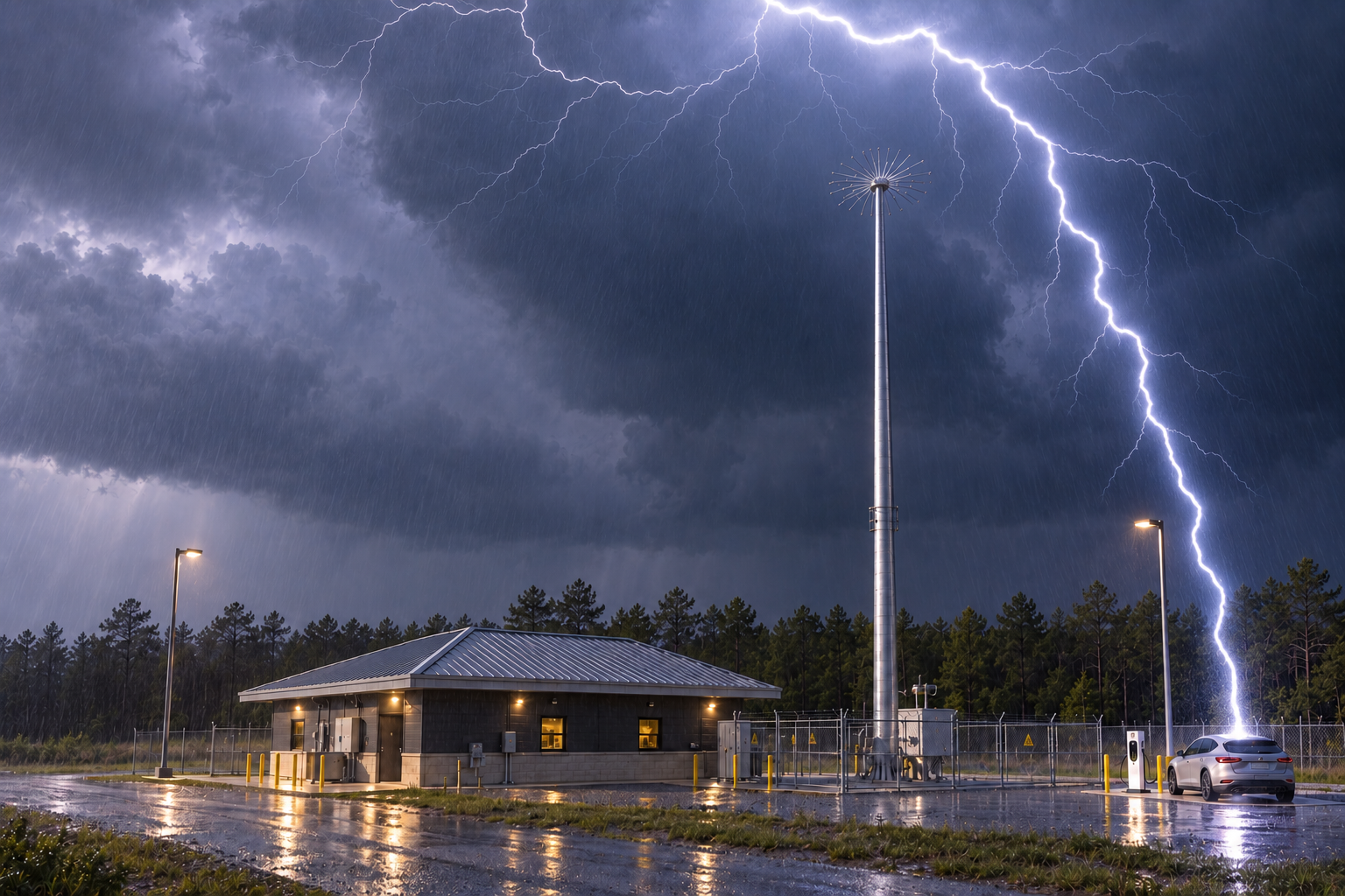 Lightning accidentally striking an electric car at a BoltHarvest facility